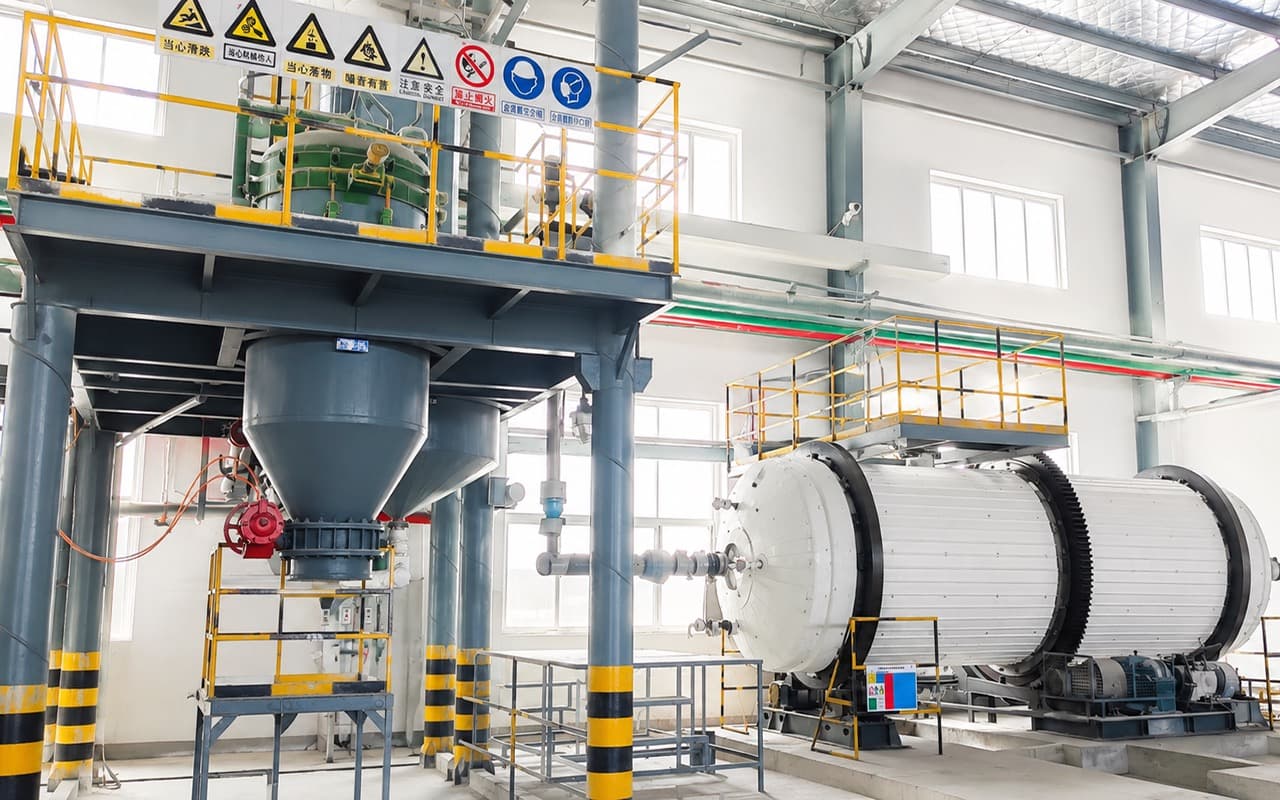 Overhead conical feed hopper discharging into a horizontal girth-gear rotary drum mill