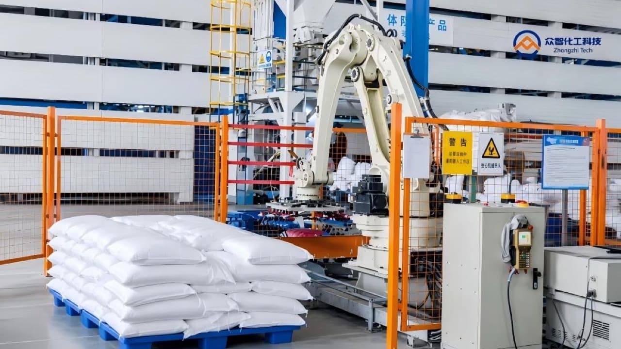 Robot arm stacking sealed white bags onto a blue pallet in a fenced cell on the Zhongzhi packing line