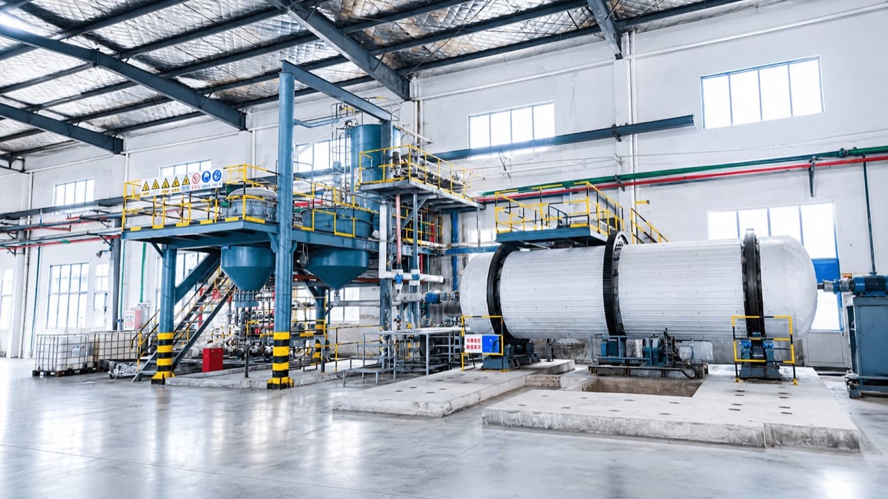 Wide view of the production line — reaction platform, feed hoppers and horizontal rotary drum mill