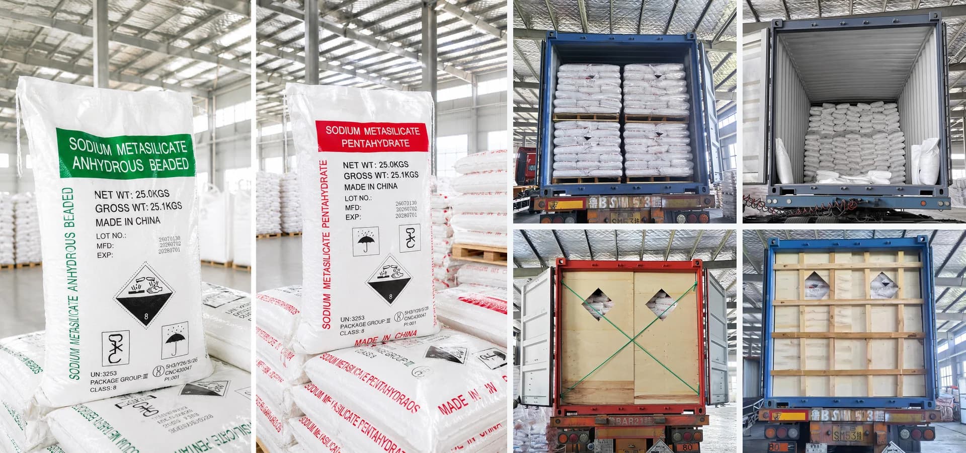 25 kg bags of anhydrous beaded and pentahydrate sodium metasilicate, a 20ft container loaded with palletized bags, one being floor-loaded without pallets, and two door-securing methods