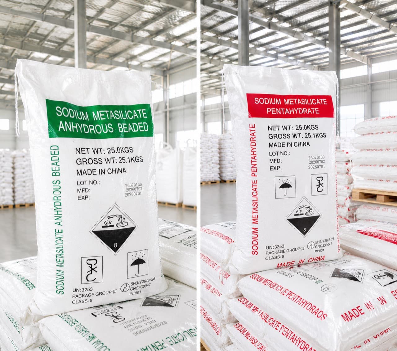 25 kg bags of anhydrous beaded and pentahydrate sodium metasilicate, Made in China