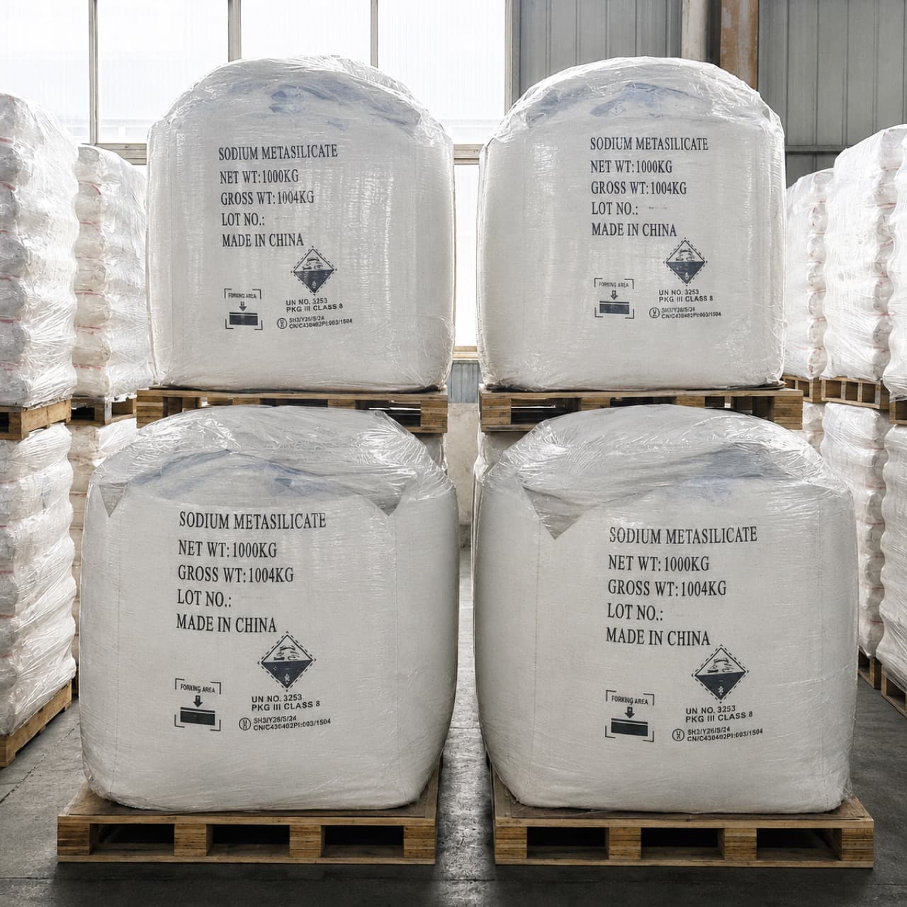 1,000 kg FIBC jumbo bags of sodium metasilicate on pallets