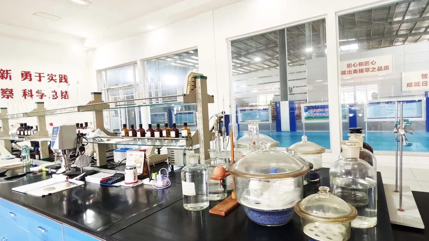 Laboratory testing bench with desiccators, volumetric flasks and reagent bottles beside the production hall window