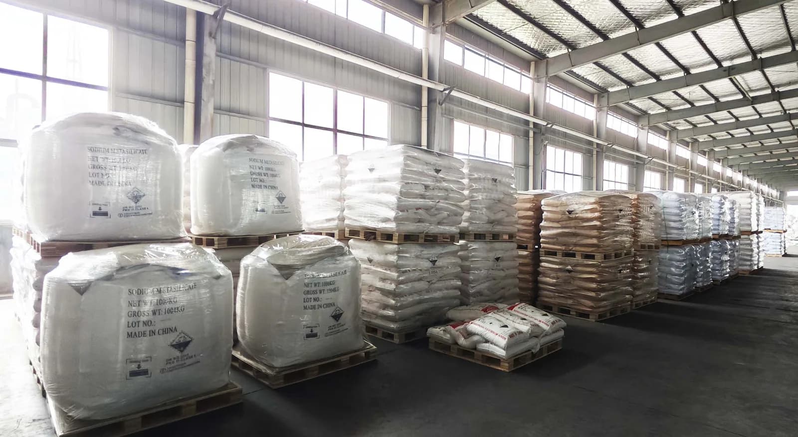 Finished goods staged as FIBC jumbo bags in the warehouse