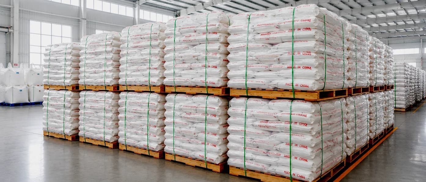 Rows of strapped pallets holding bagged sodium metasilicate in the finished-goods warehouse